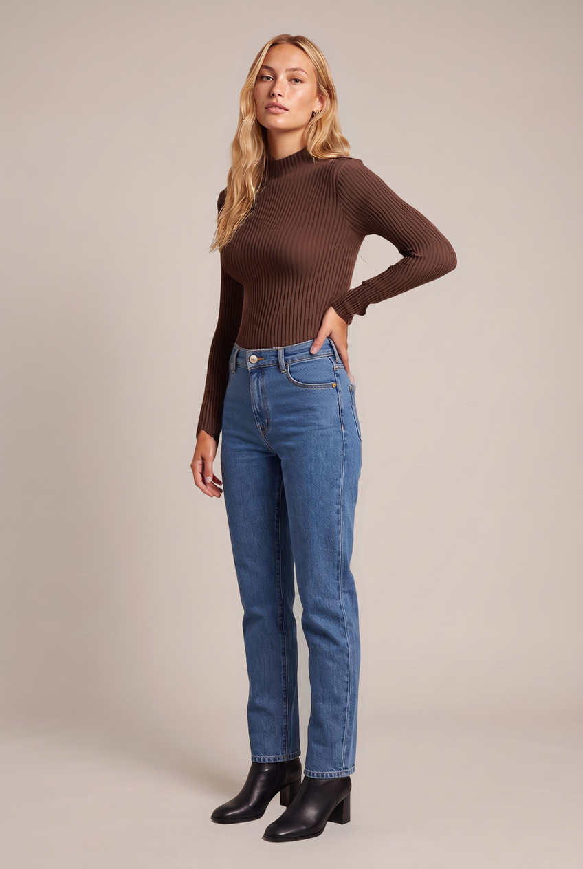 Kovelle ribbed mock neck knit top in chocolate, front view on model