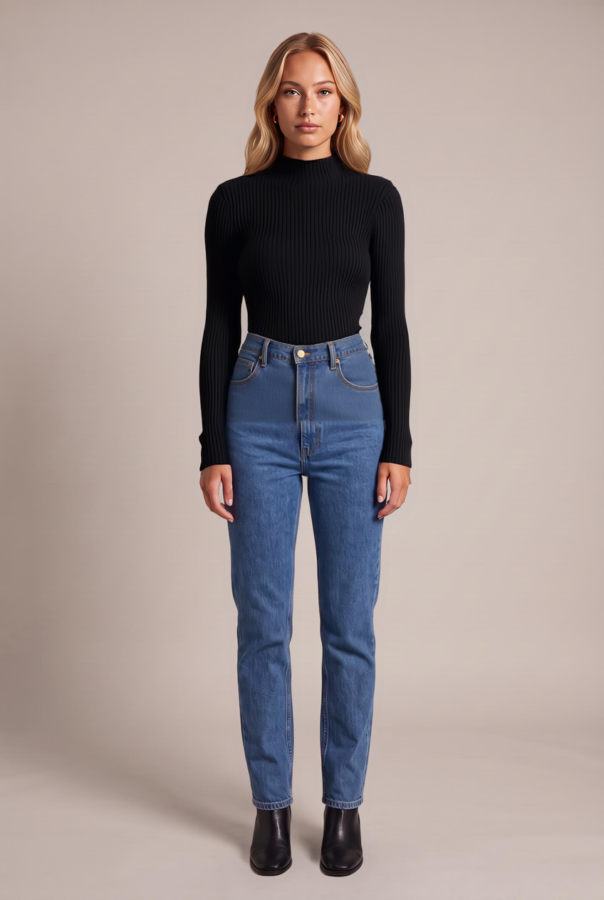 Kovelle ribbed mock neck knit top in black, front view on model
