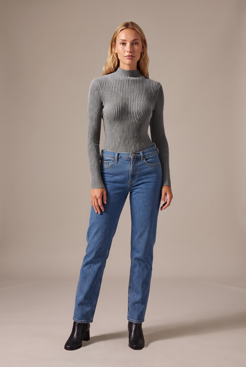 Kovelle ribbed mock neck knit top in grey, front view on model