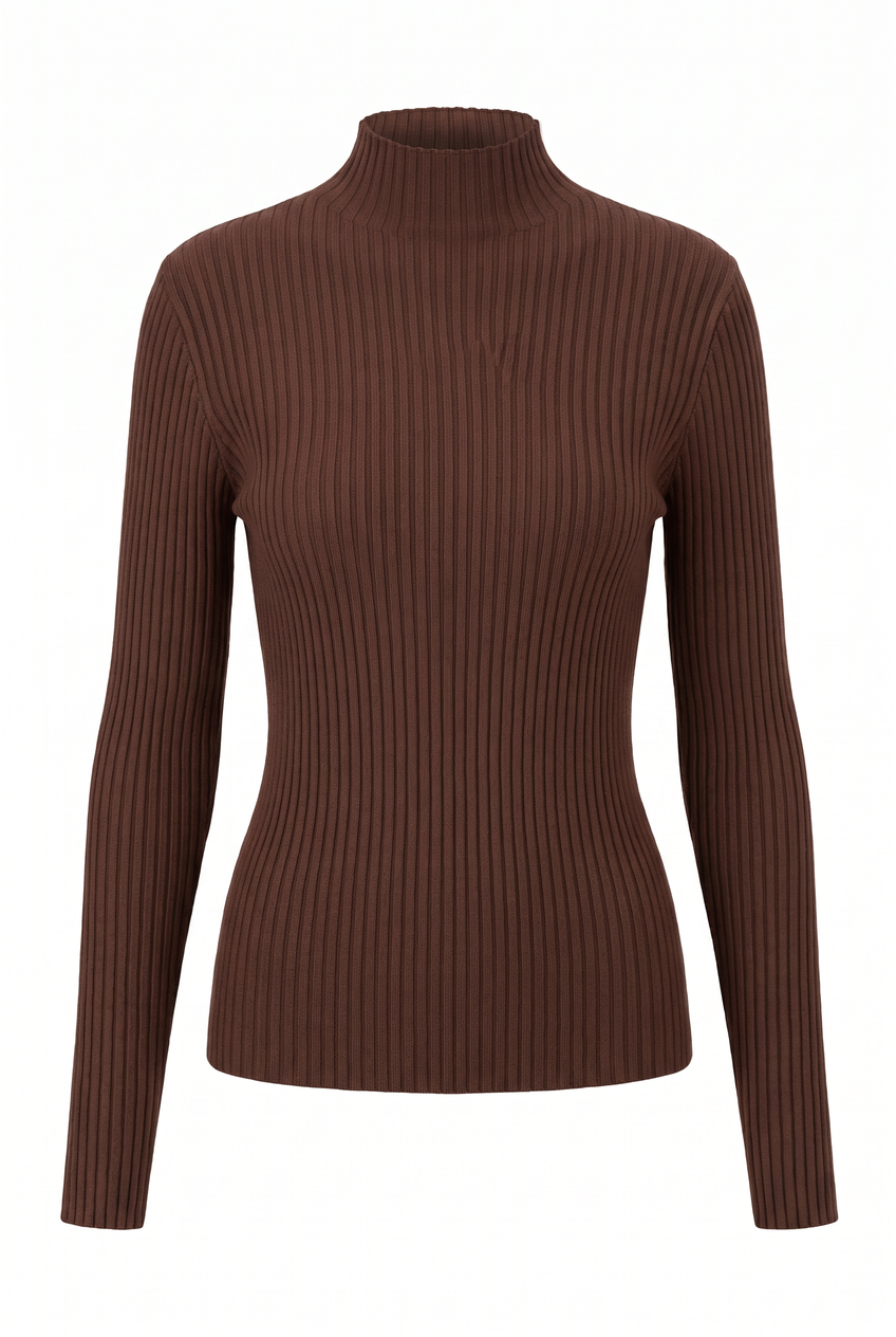 Kovelle ribbed mock neck knit top in chocolate, flat product view