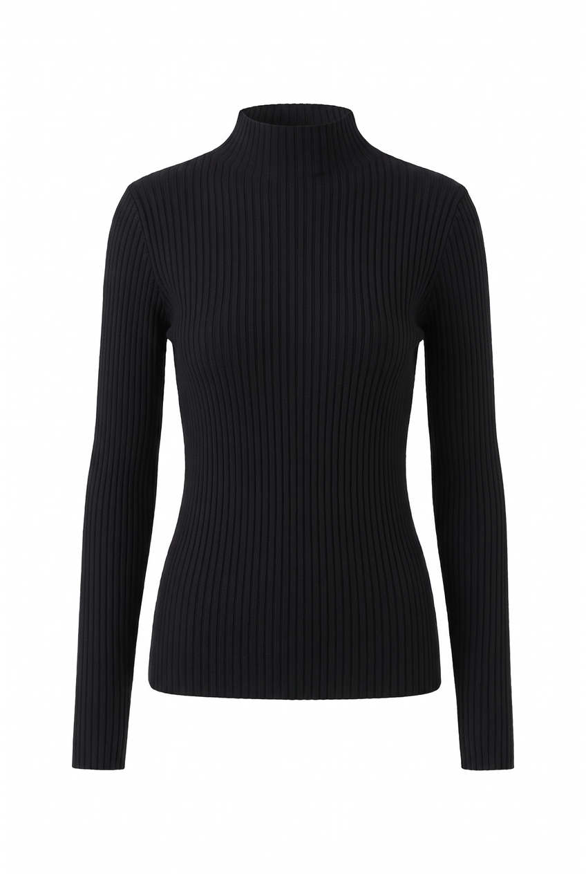 Kovelle ribbed mock neck knit top in black, flat product view