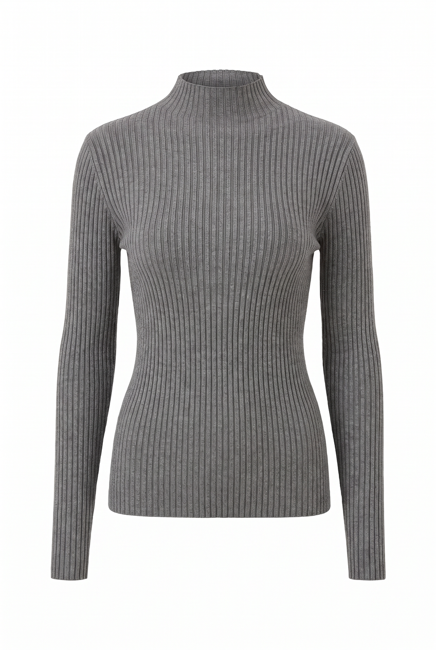 Kovelle ribbed mock neck knit top in grey, flat product view
