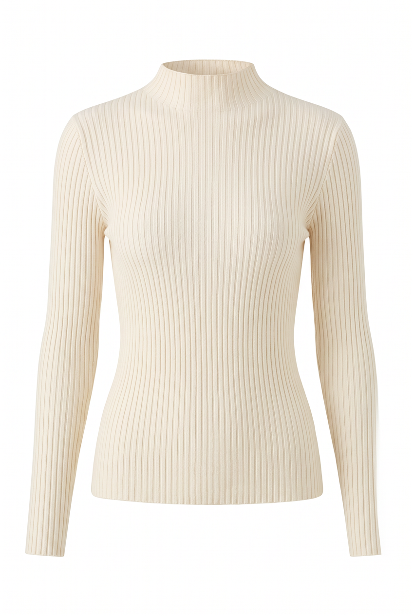 Kovelle ribbed mock neck knit top in cream, flat product view showing the full garment