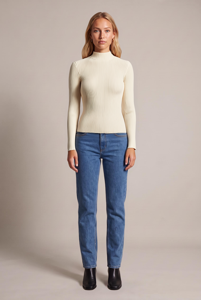 Kovelle ribbed mock neck knit top in cream, front view on model
