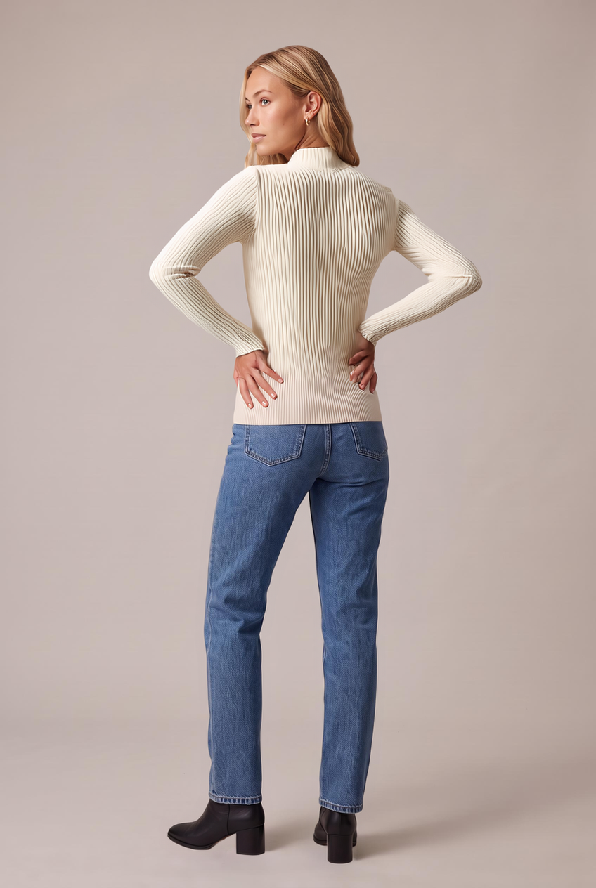 Kovelle ribbed mock neck knit top in cream, back view on model