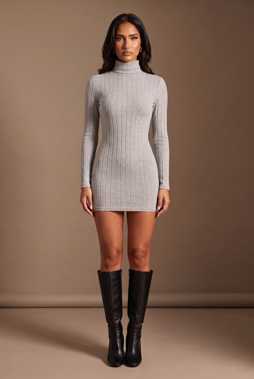 Kovelle ribbed turtleneck knit mini dress in grey, front view on model