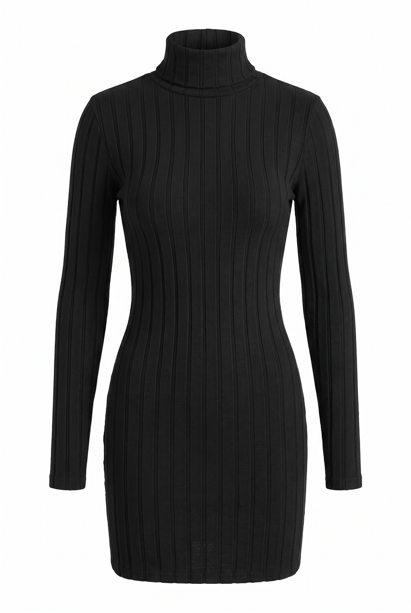Kovelle ribbed turtleneck knit mini dress in black, flat product view