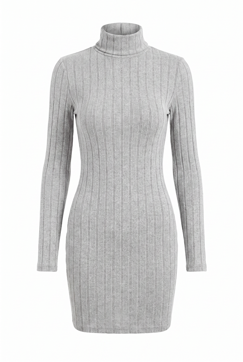 Kovelle ribbed turtleneck knit mini dress in grey, flat product view