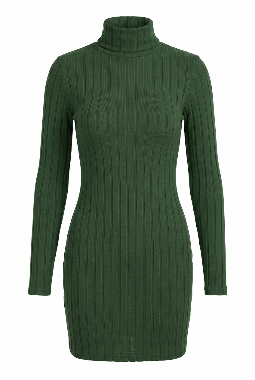 Kovelle ribbed turtleneck knit mini dress in forest green, flat product view