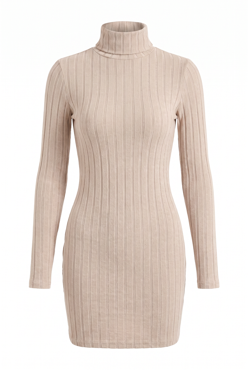 Kovelle ribbed turtleneck knit mini dress in taupe, flat product view showing the full garment