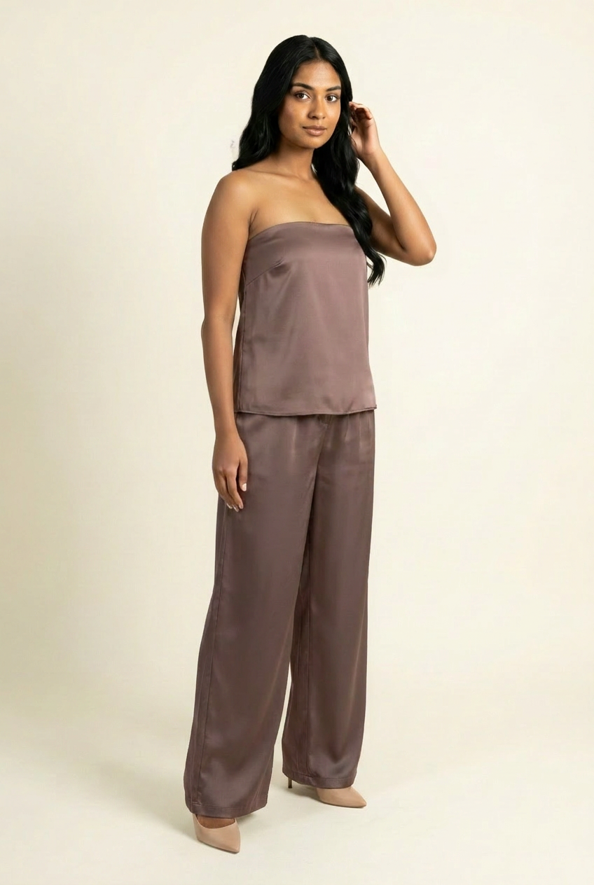 Kovelle satin bandeau trouser co-ord in mocha, side view on model
