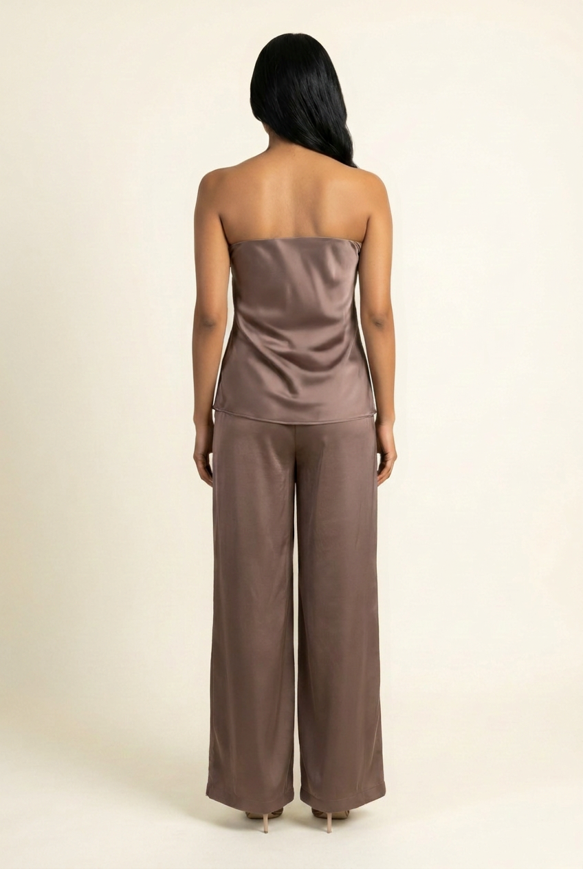 Kovelle satin bandeau trouser co-ord in mocha, back view on model