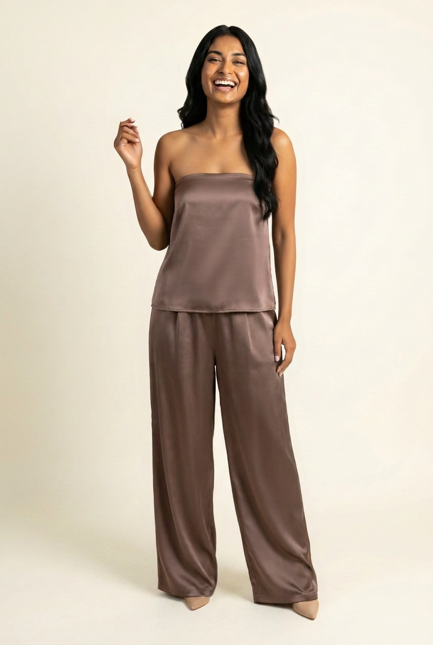 Kovelle satin bandeau trouser co-ord in mocha, relaxed laughing shot on model