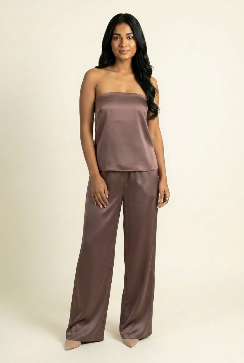 Kovelle satin bandeau trouser co-ord in mocha, front view on model