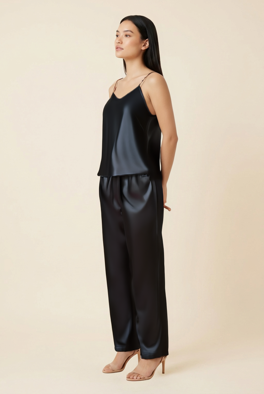 Kovelle satin cami trouser set in black, side view on model