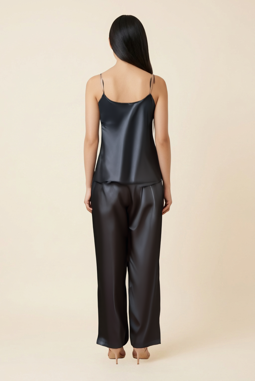 Kovelle satin cami trouser set in black, back view showing fine straps on model
