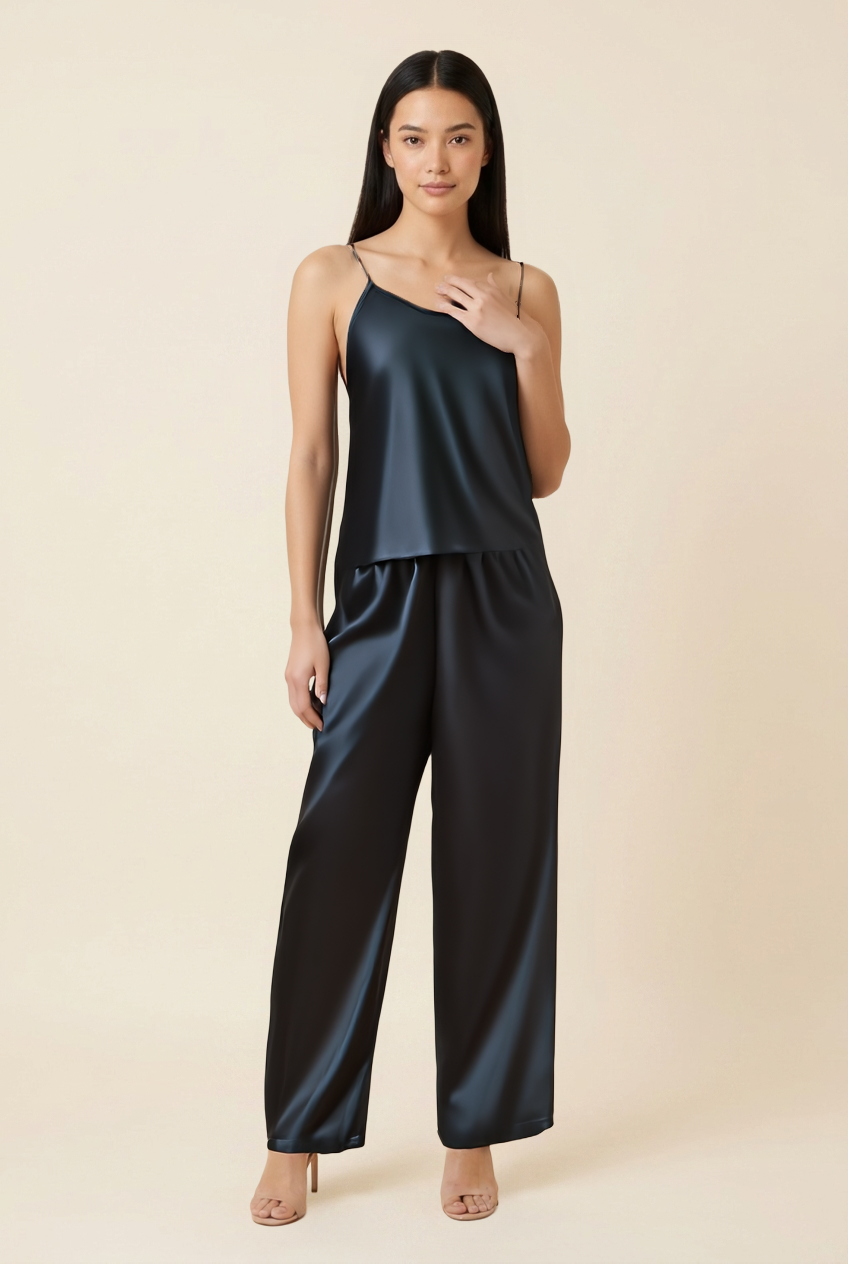 Kovelle satin cami trouser set in black, front view on model