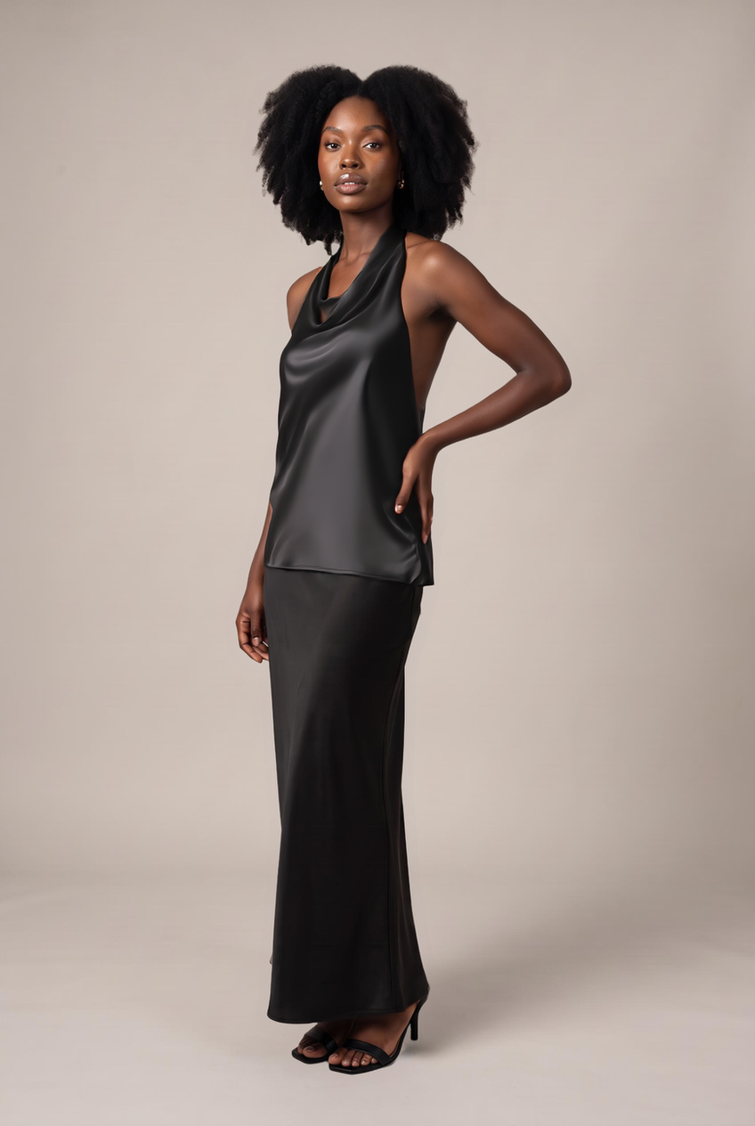 Kovelle satin cowl halter co-ord top in black, front view on model