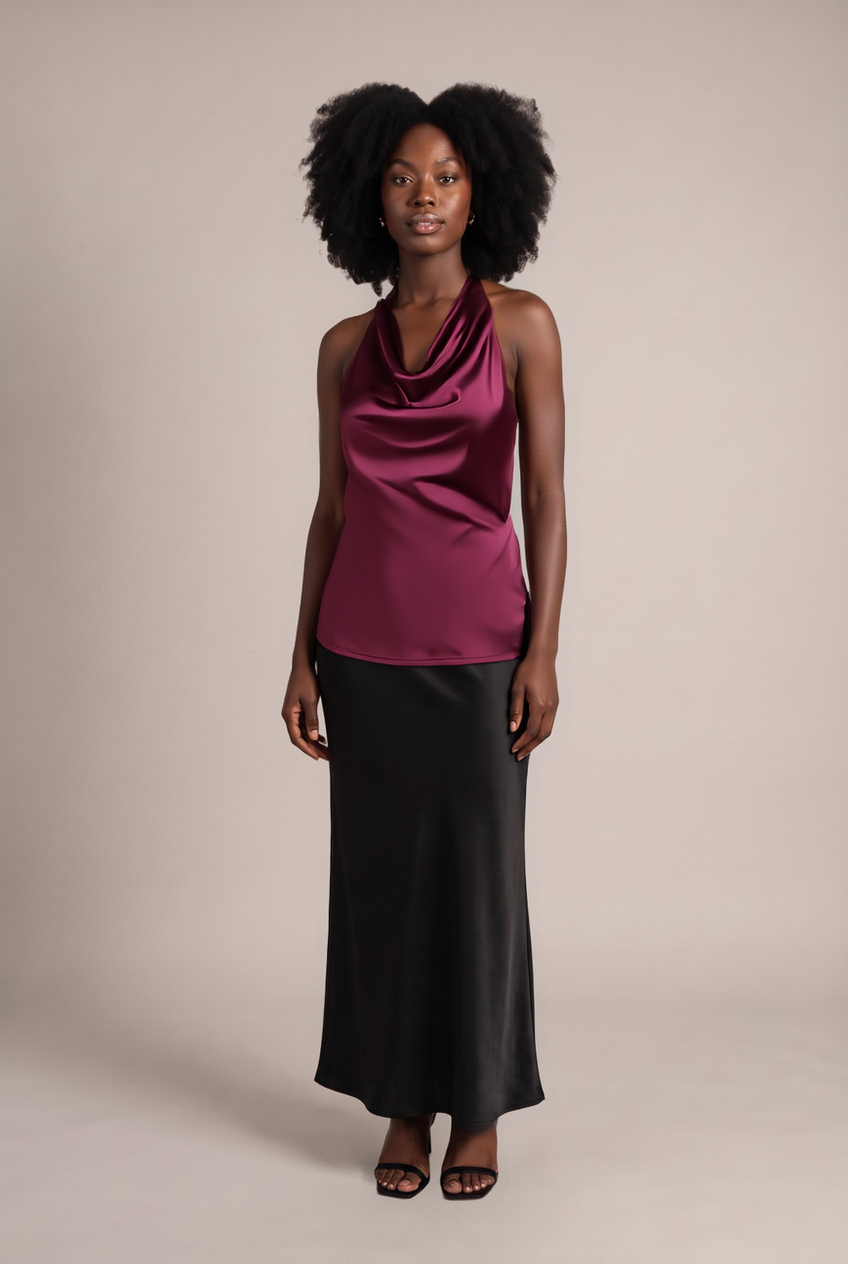 Kovelle satin cowl halter co-ord top in burgundy, front view on model