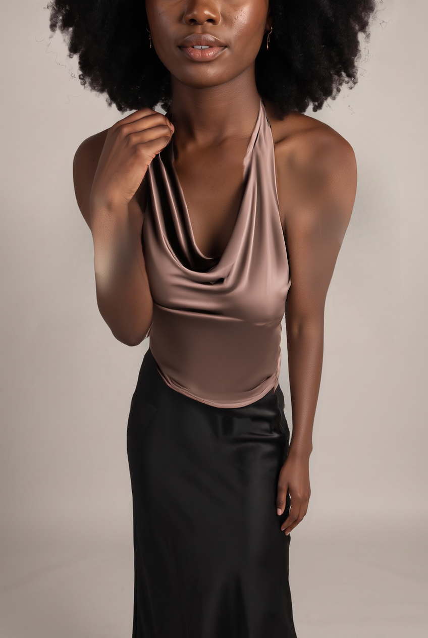 Kovelle satin cowl halter co-ord top in mocha, close-up detail on model