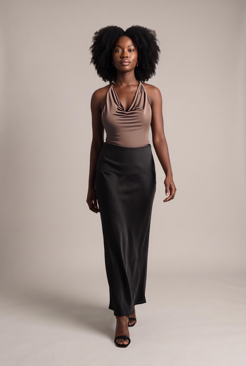 Kovelle satin cowl halter co-ord top in mocha, walking, full length on model