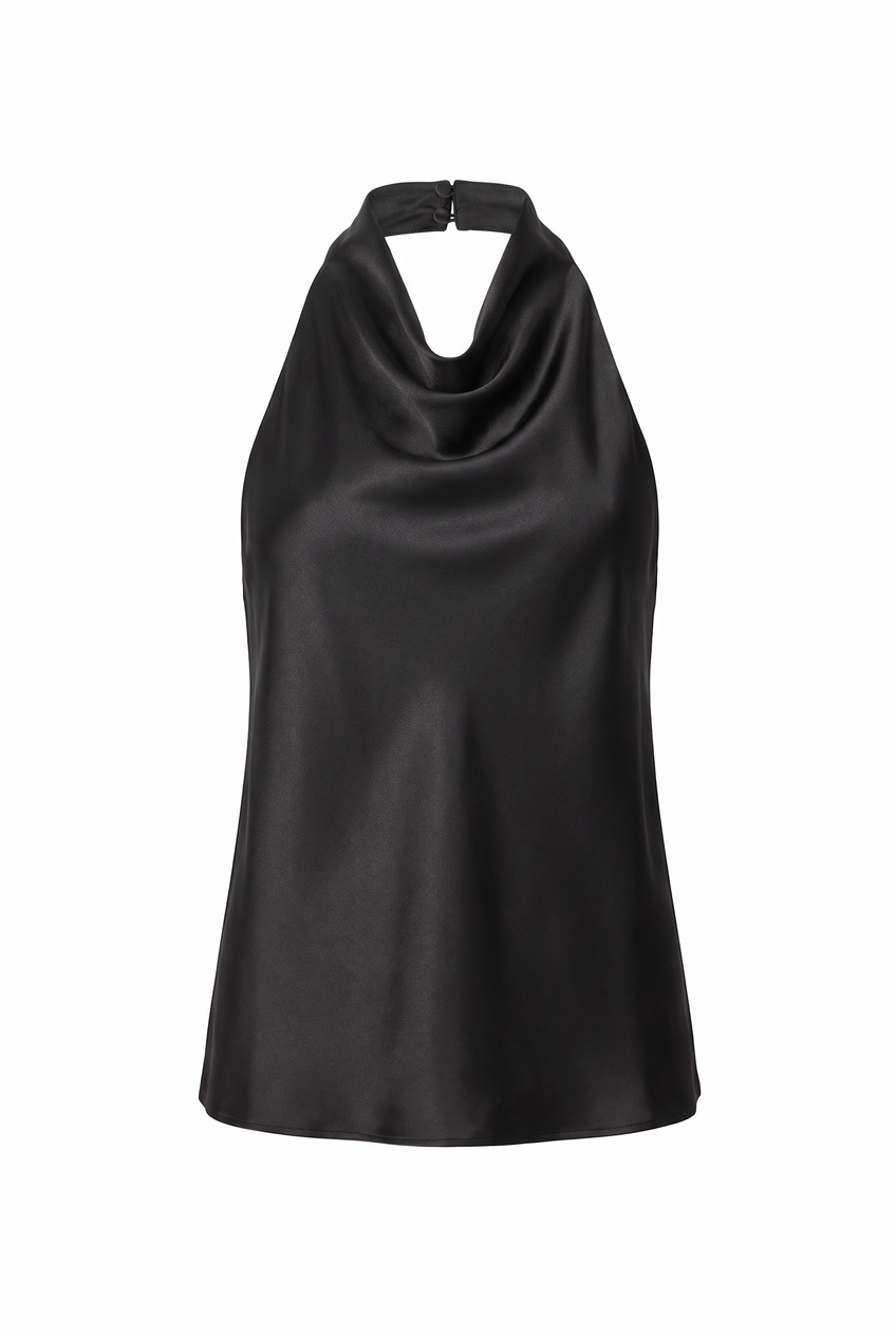 Kovelle satin cowl halter co-ord top in black, flat product view