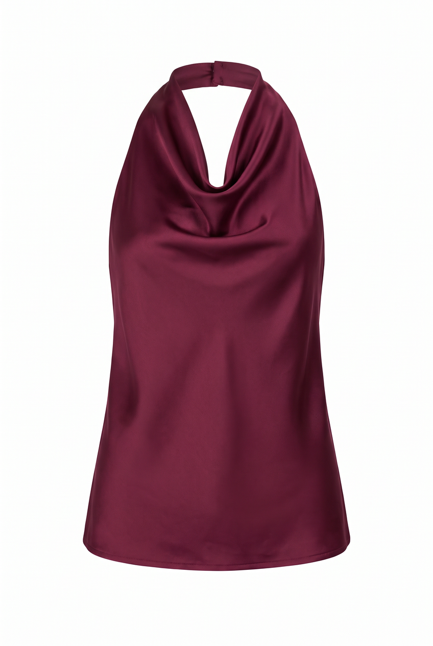 Kovelle satin cowl halter co-ord top in burgundy, flat product view