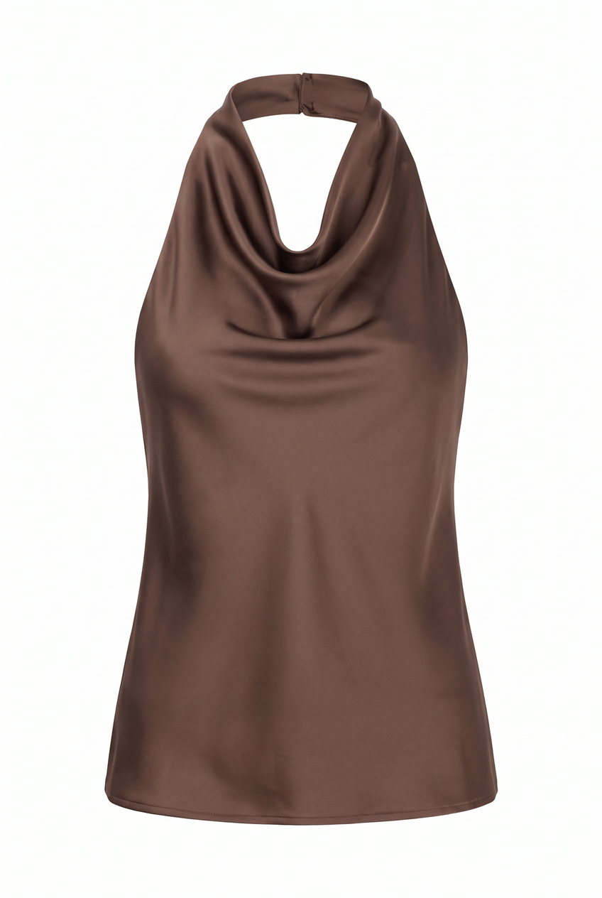 Kovelle satin cowl halter co-ord top in mocha, flat product view showing the full garment