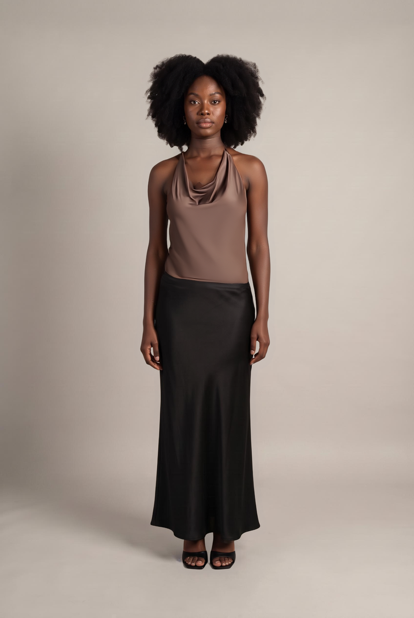 Kovelle satin cowl halter co-ord top in mocha, front view on model