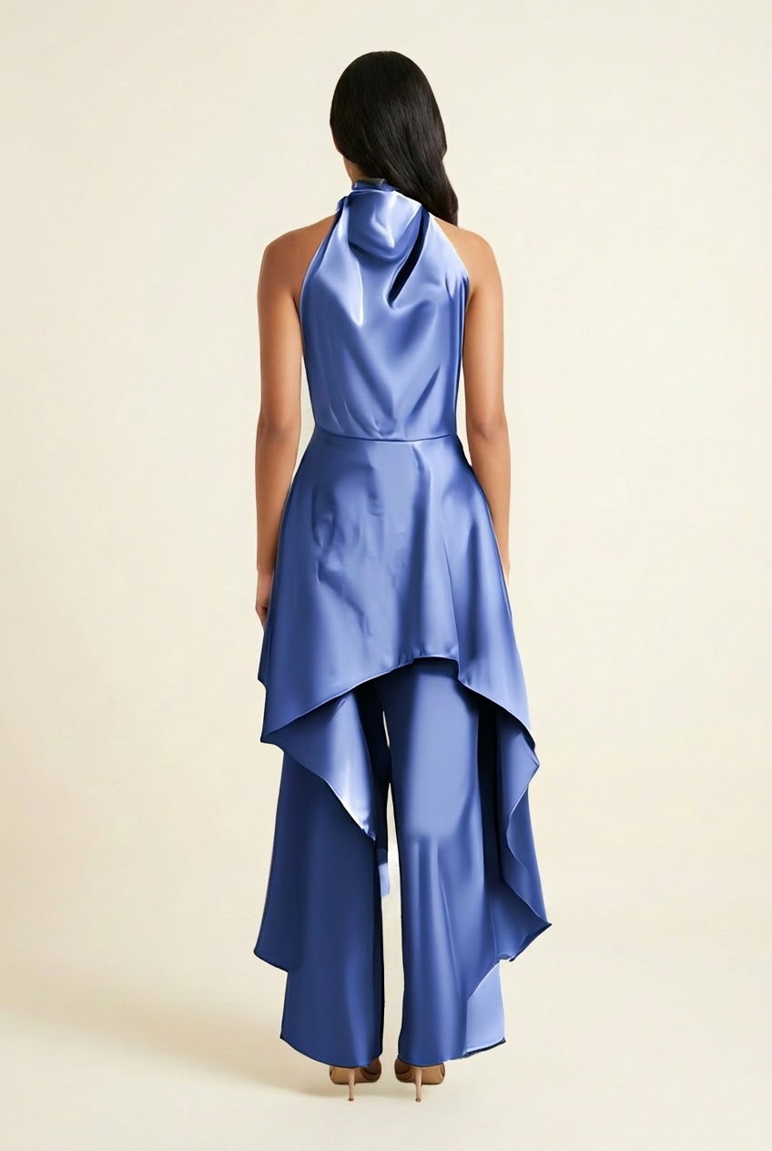 Kovelle satin cowl halter trouser co-ord in blue, open back with waterfall drape on model