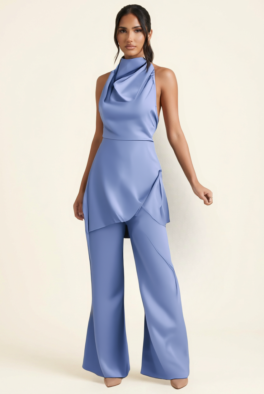 Kovelle satin cowl halter trouser co-ord in blue, front view on model