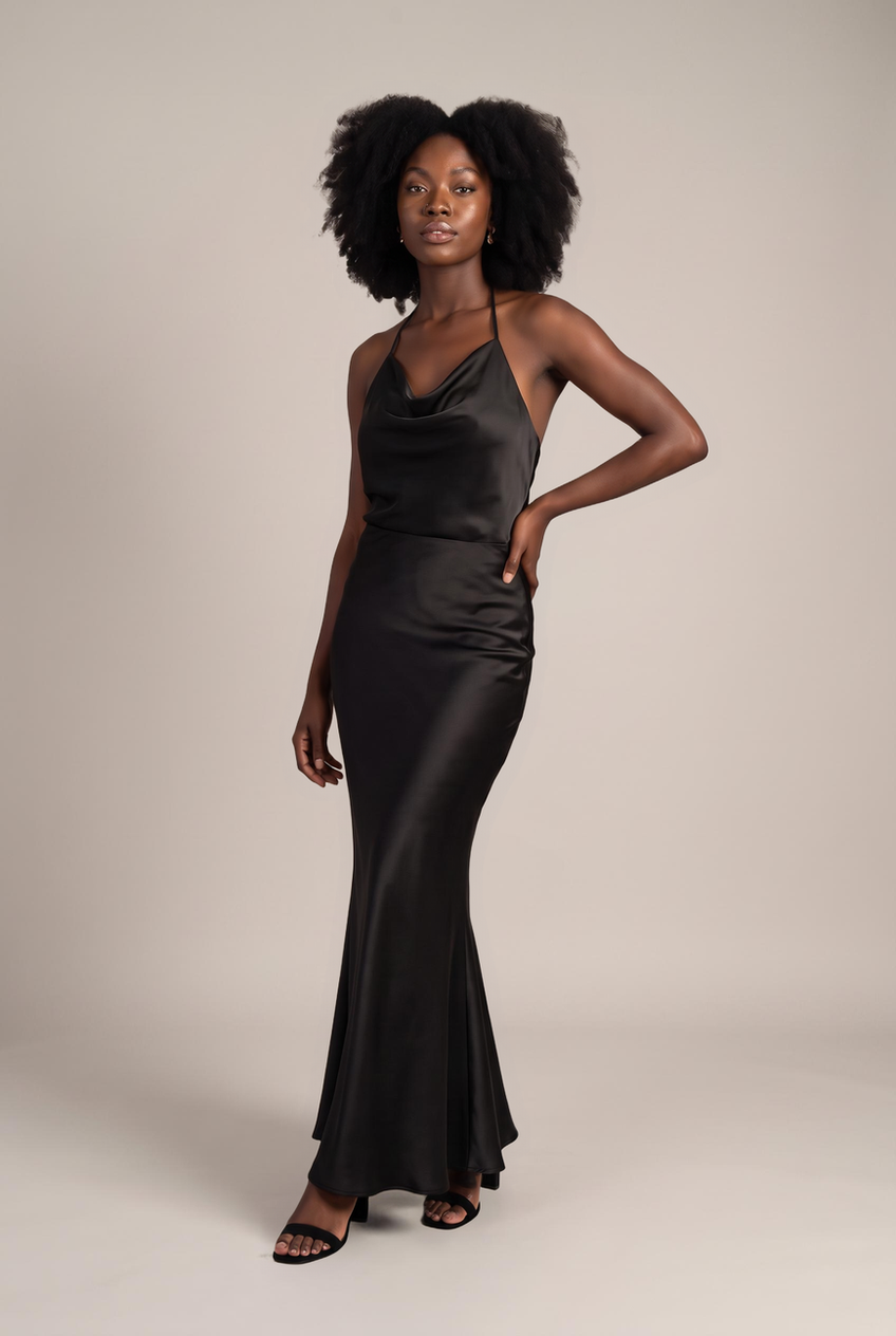 Kovelle satin fishtail maxi skirt in black, front view on model