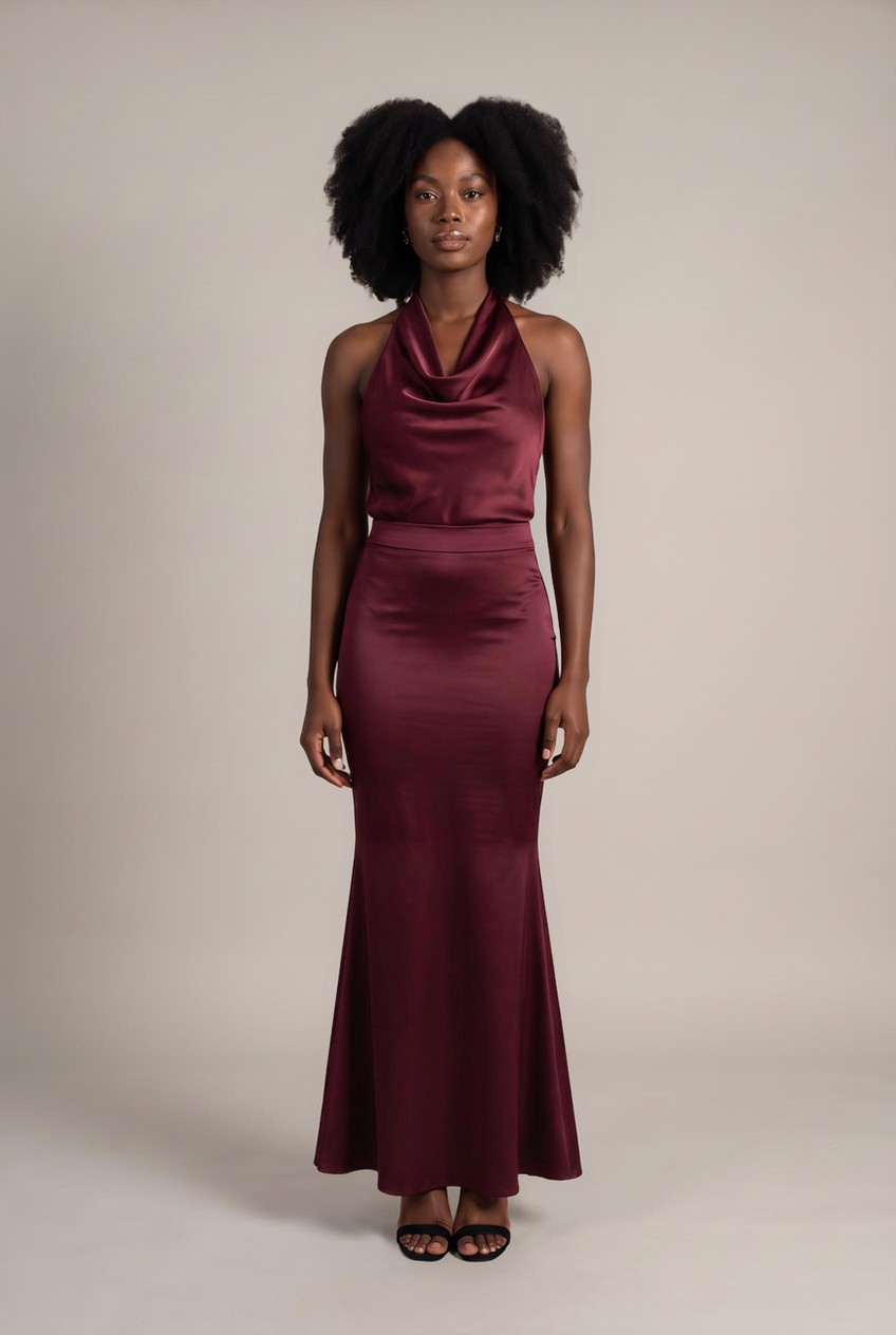Kovelle satin fishtail maxi skirt in burgundy, front view on model