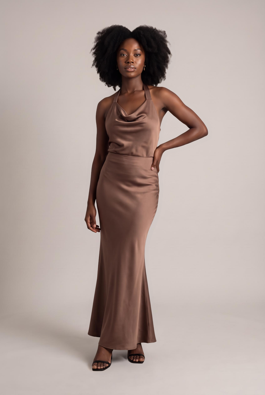 Kovelle satin fishtail maxi skirt in mocha, close-up detail on model