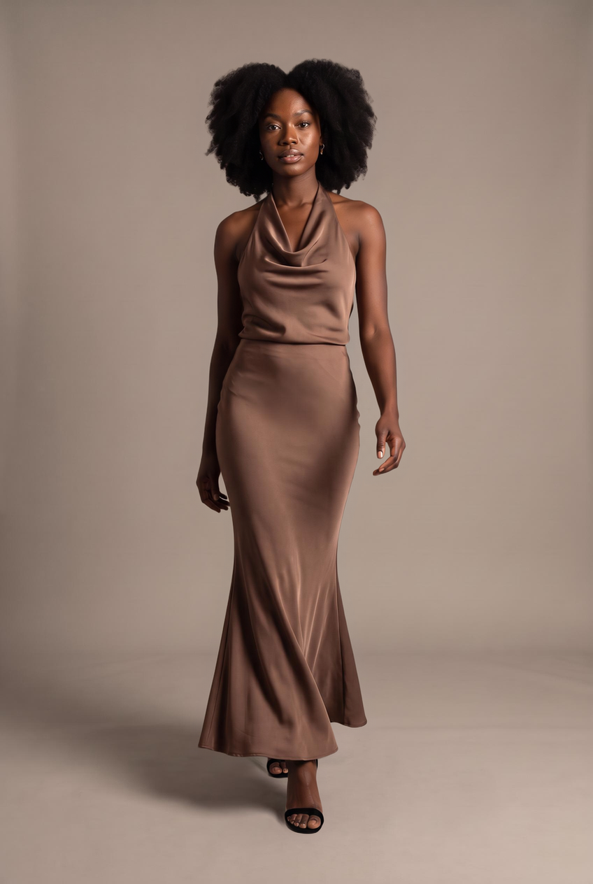 Kovelle satin fishtail maxi skirt in mocha, walking, full length on model