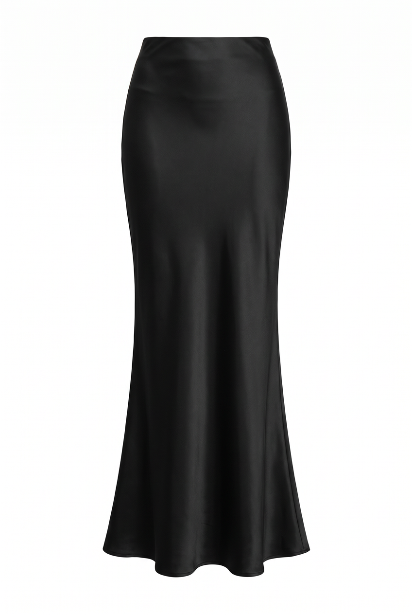 Kovelle satin fishtail maxi skirt in black, flat product view