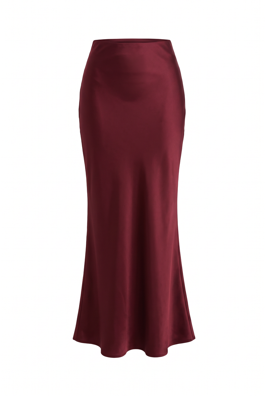 Kovelle satin fishtail maxi skirt in burgundy, flat product view