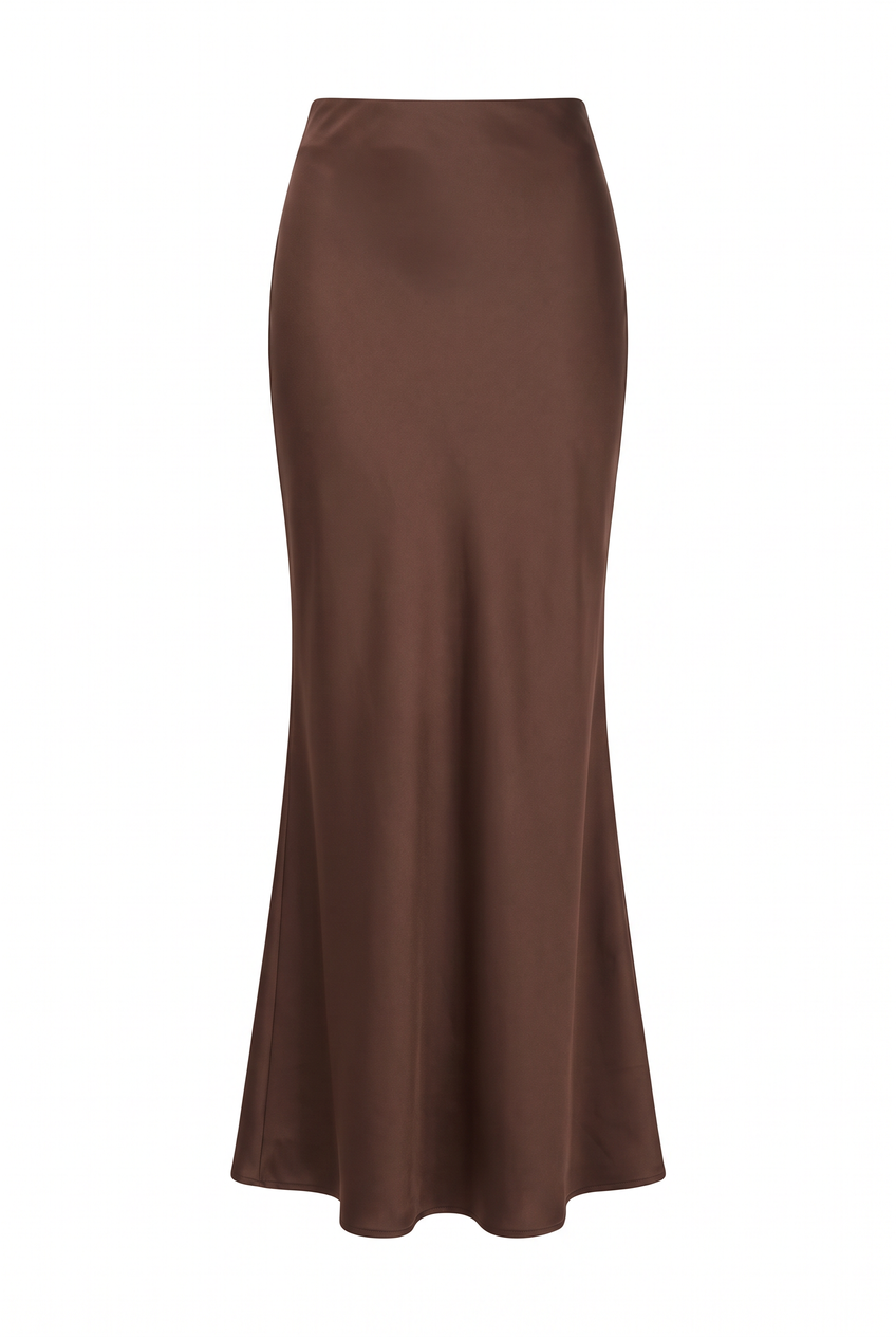 Kovelle satin fishtail maxi skirt in mocha, flat product view showing the full garment