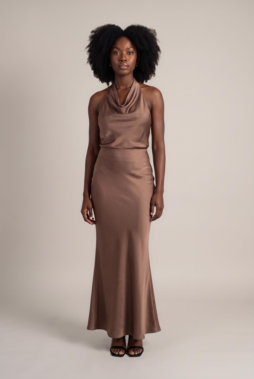 Kovelle satin fishtail maxi skirt in mocha, front view on model