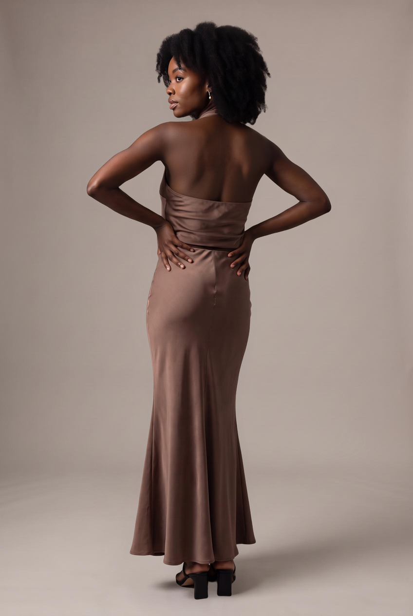 Kovelle satin fishtail maxi skirt in mocha, back view on model