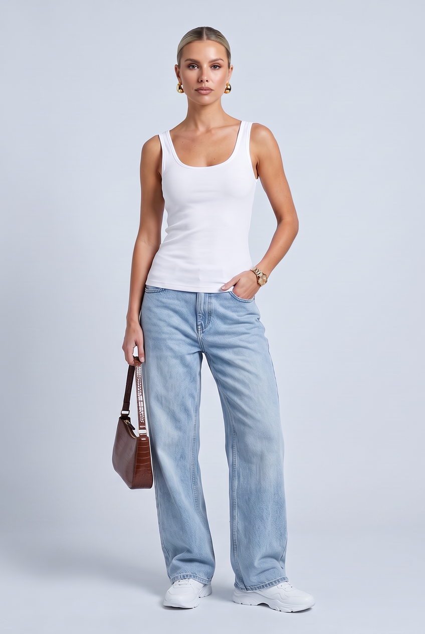 Kovelle scoop neck rib vest in white, front view on model