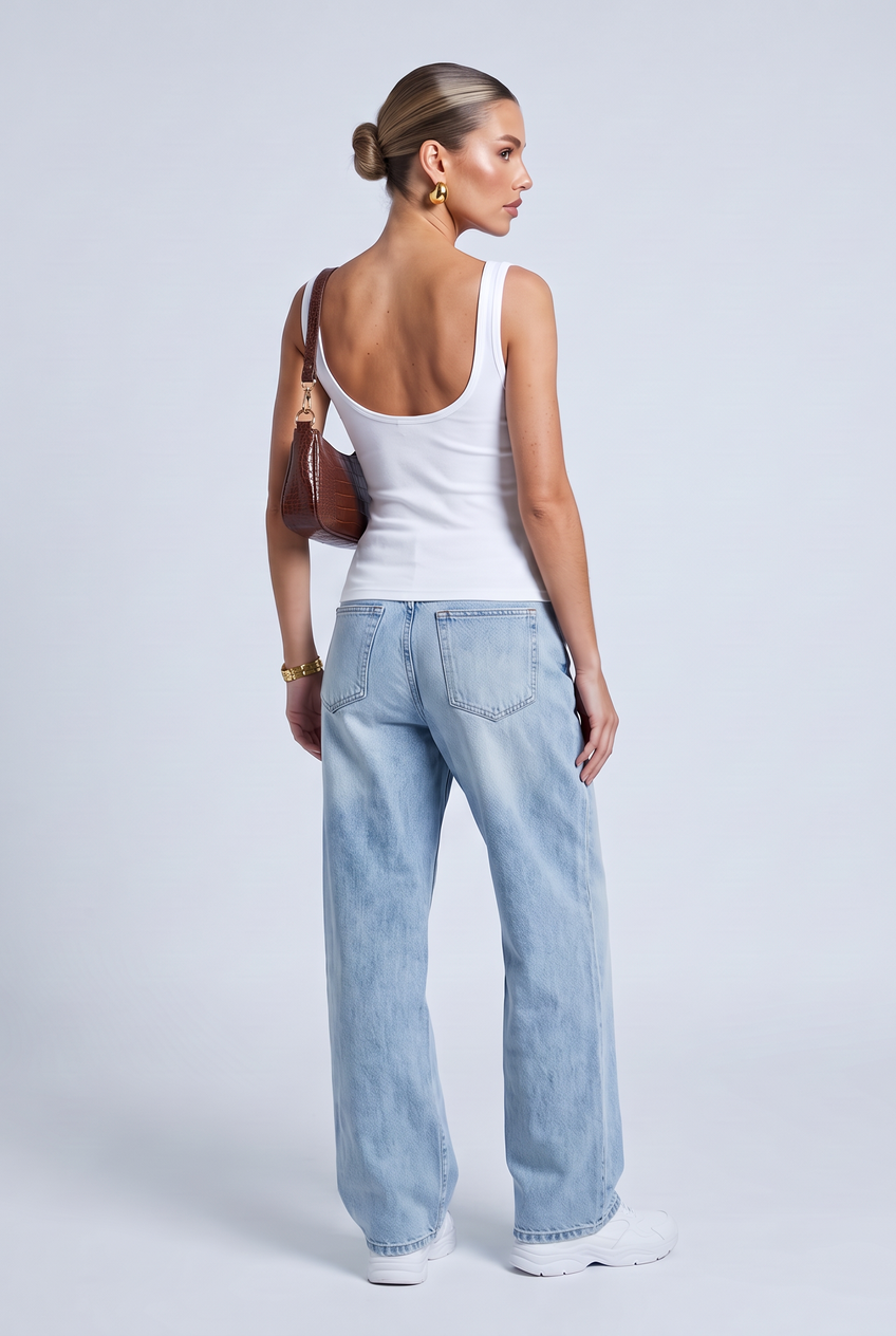 Kovelle scoop neck rib vest in white, back view on model