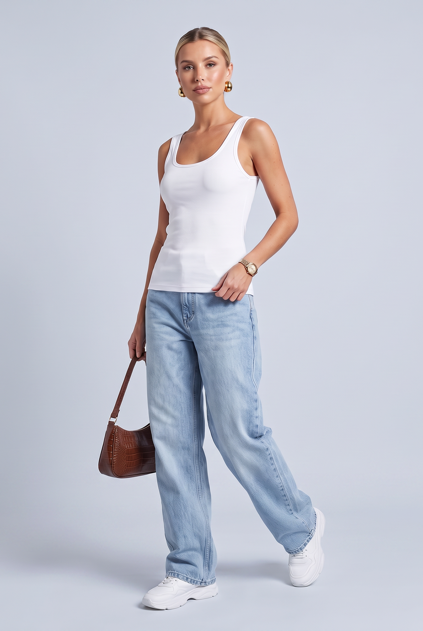 Kovelle scoop neck rib vest in white, full length on model