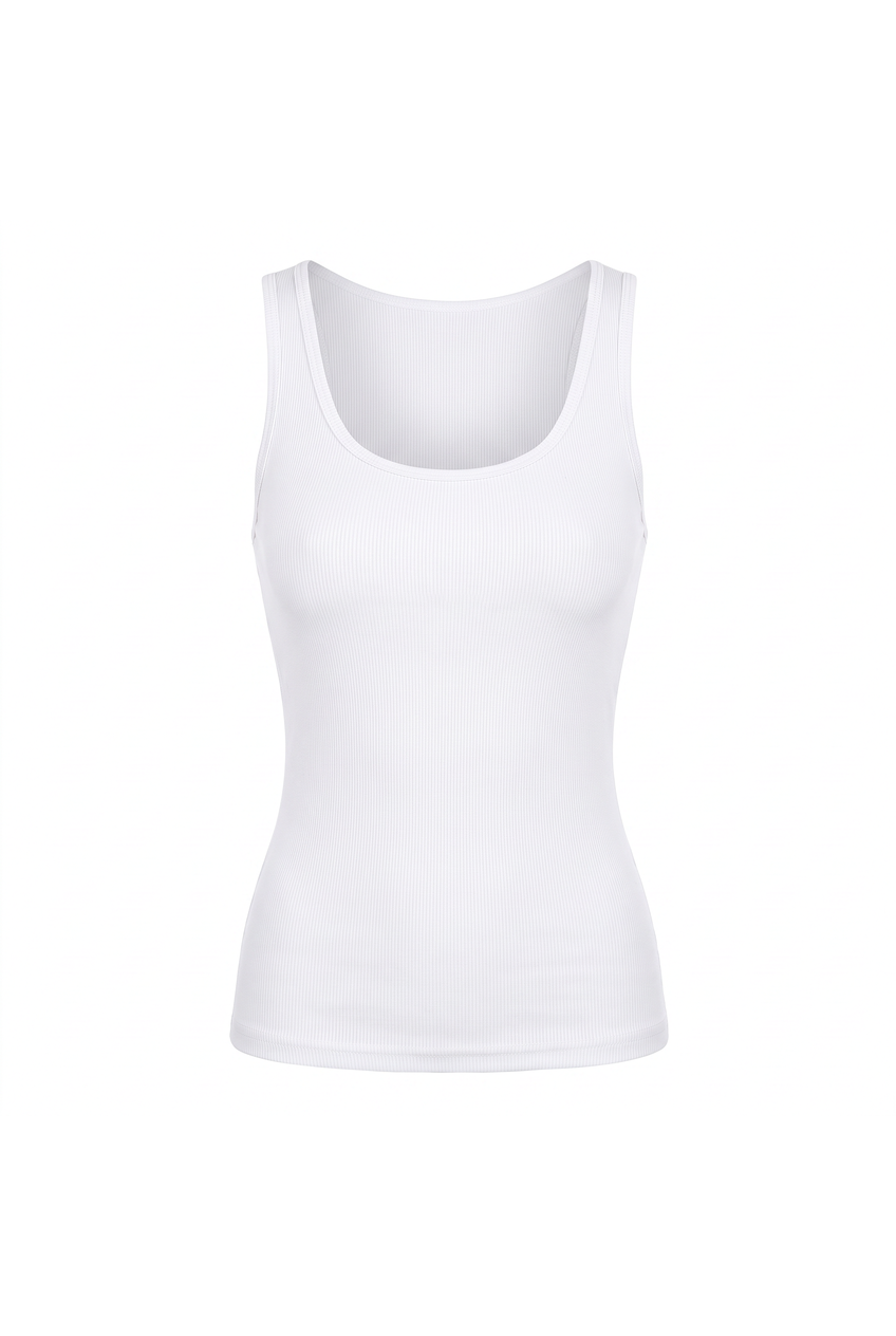 Kovelle scoop neck rib vest in white, flat product view showing the full garment