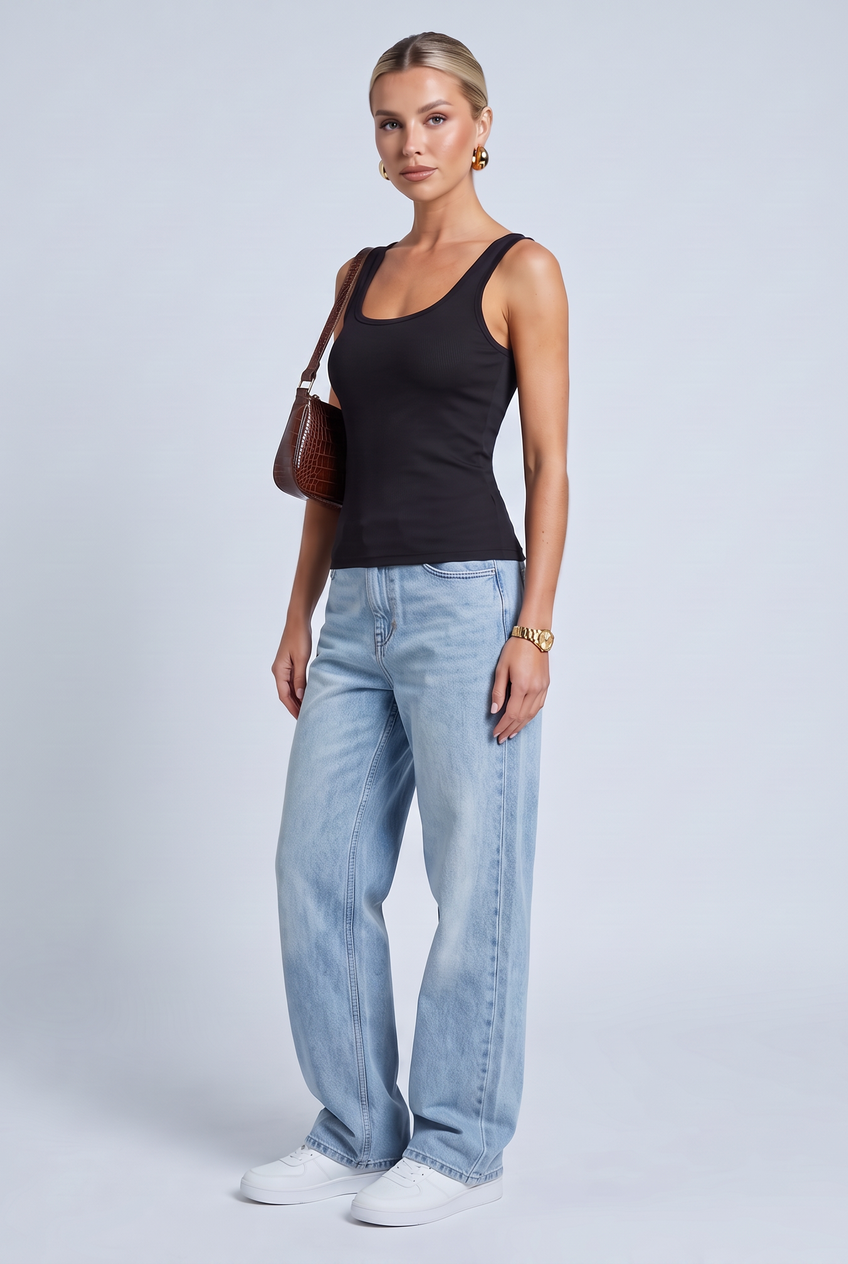 Kovelle scoop neck rib vest in black, front view on model