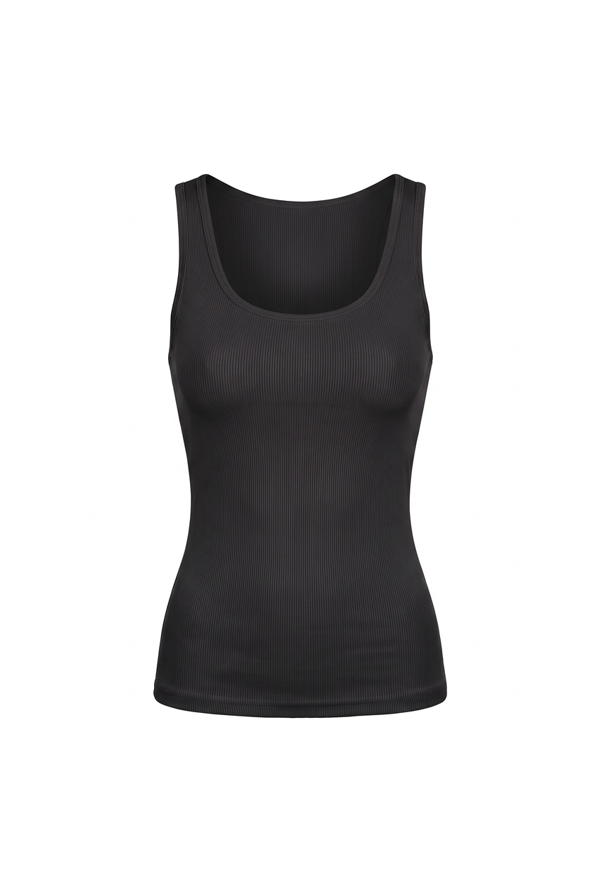 Kovelle scoop neck rib vest in black, flat product view