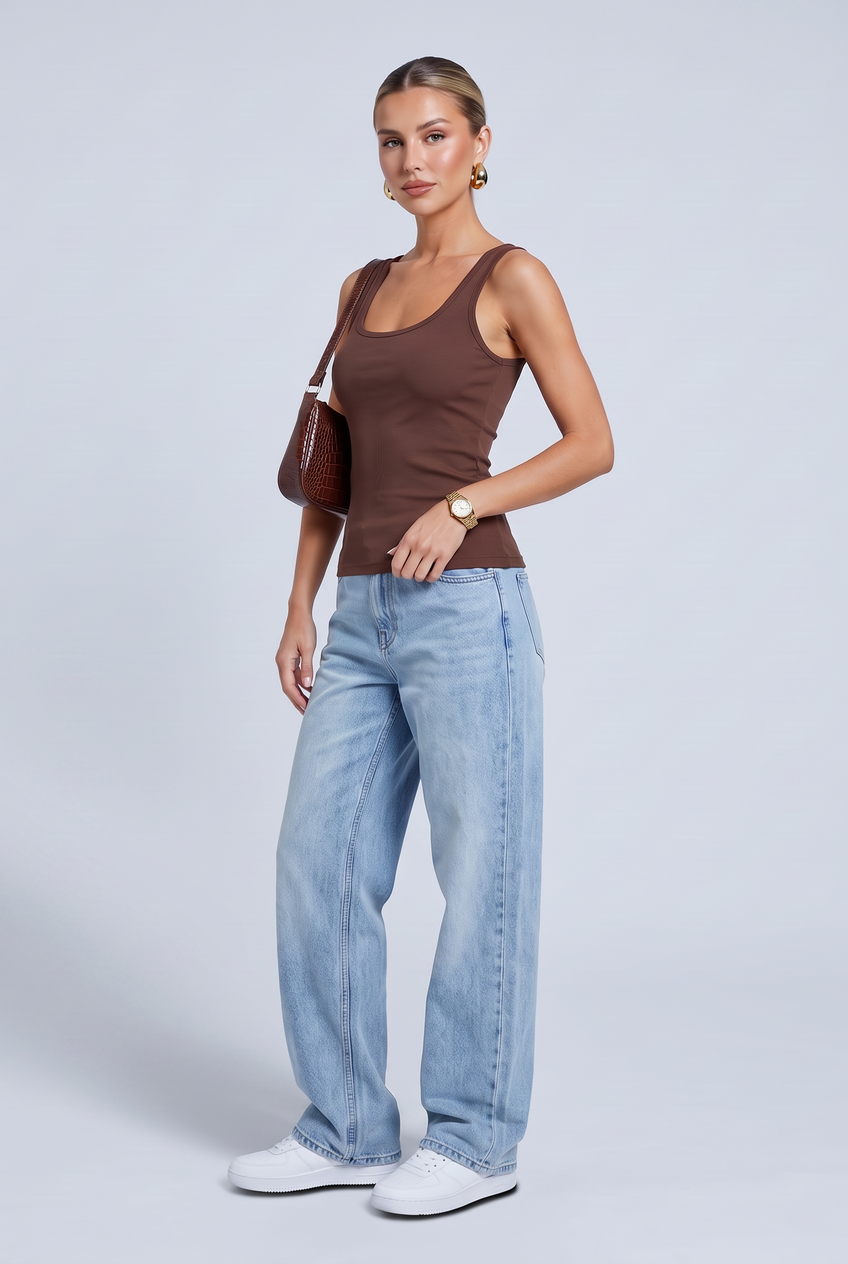 Kovelle scoop neck rib vest in coffee, front view on model