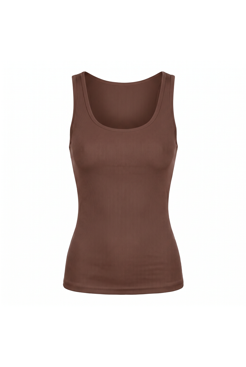 Kovelle scoop neck rib vest in coffee, flat product view