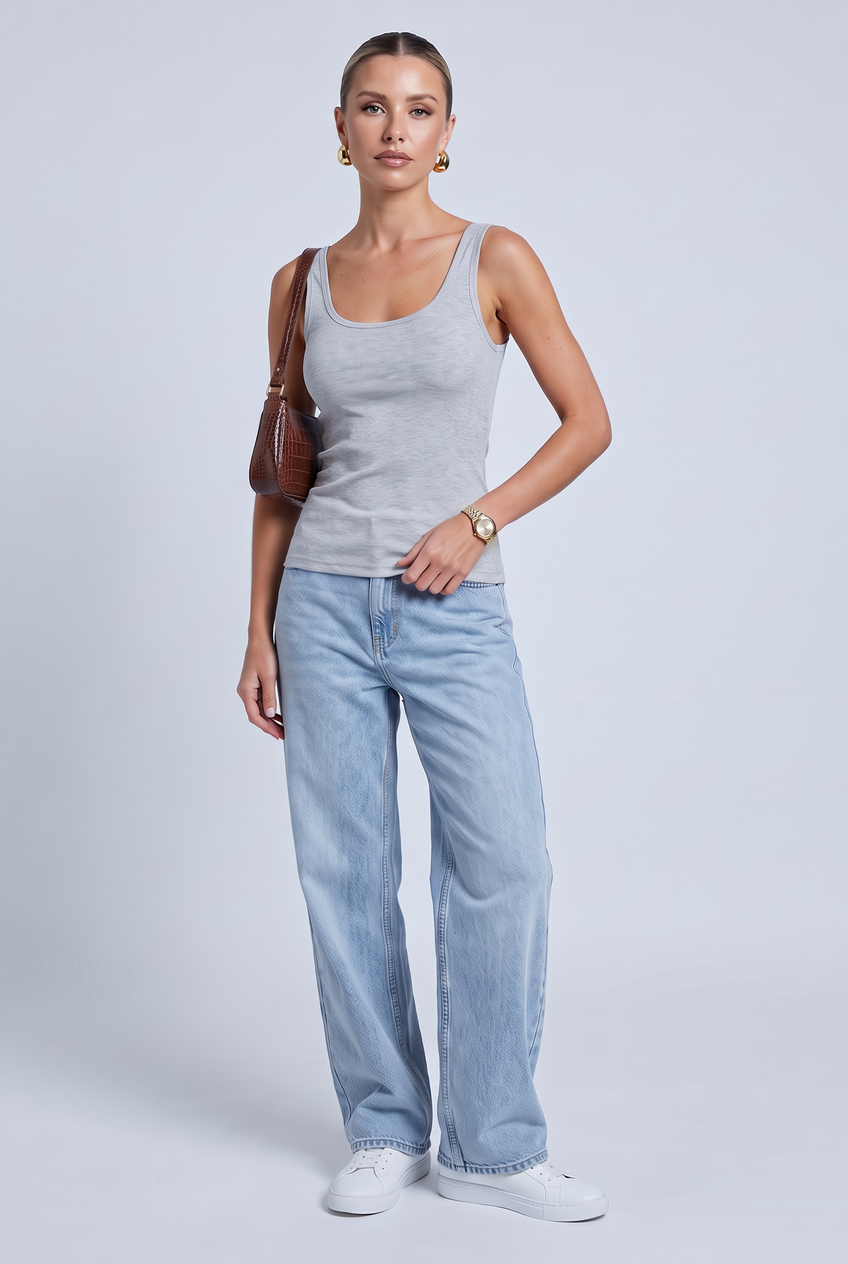 Kovelle scoop neck rib vest in light grey, front view on model