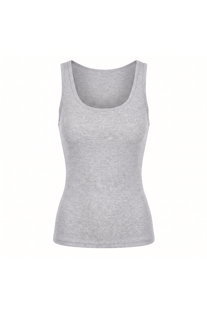 Kovelle scoop neck rib vest in light grey, flat product view